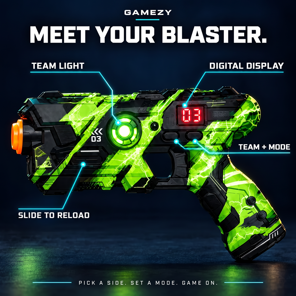Meet your Gamezy blaster: team light, digital display, team + mode buttons, slide to reload