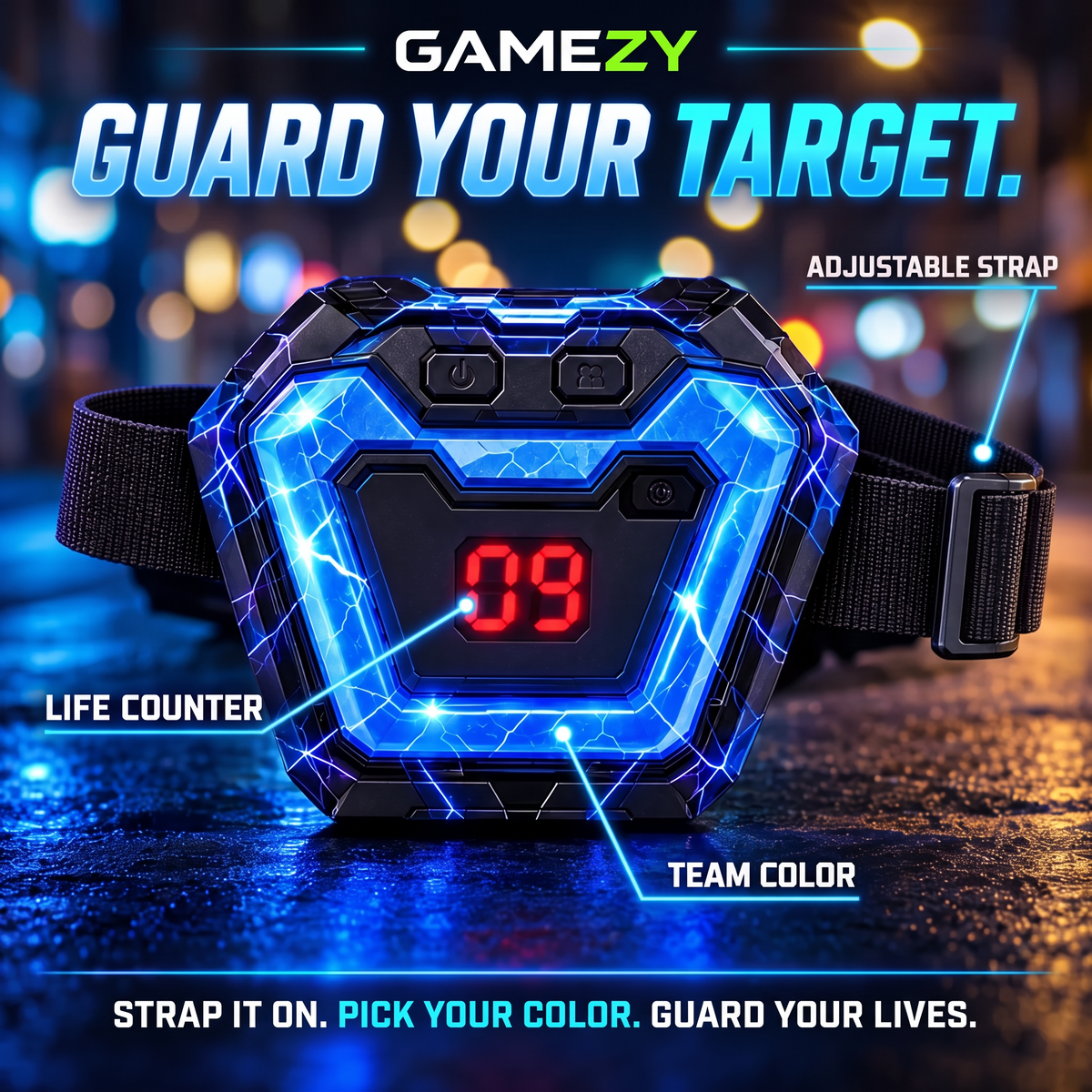Gamezy chest target with life counter, team color and adjustable strap