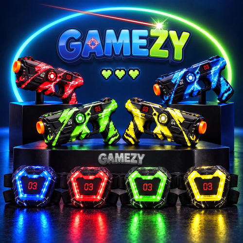 Gamezy laser tag battle set: 4 light-up blasters and 4 chest targets